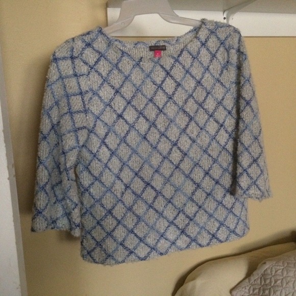 Vince Camuto Sweater SzM Pullover White/Blue Geometric 3/4Sleeves Pre-Owned Cute - Picture 6 of 8